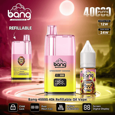 Promotie-afbeelding voor de Bang 40000 puff navulbare wegwerp-vape met aardbei-bananensmaak met productontwerphoogtepunten en functies zoals dubbele mesh-spoel en digitale weergave-instellingen.