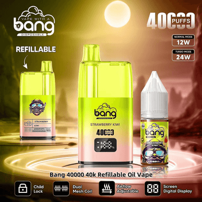 Promotiefoto van een navulbare olie-vape-kit van Bang, met de smaak Strawberry Kiwi en met specificaties zoals een capaciteit van 40.000 trekjes, dubbele mesh-spoel, instelbare luchtstroom en kinderbeveiliging, naast de e-liquidfles, tegen een gloeiende achtergrond.