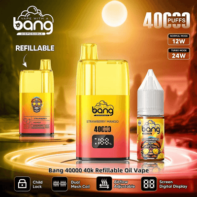 Promotiefoto van een Bang 40000 puff navulbare olie-vape met aardbei-mangosmaak, met productdetails zoals kinderbeveiliging, dubbele mesh-spoel, instelbare luchtstroom en digitaal display.