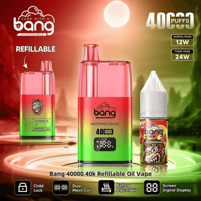 Promotiefoto van de navulbare olie-vape Bang 40000 met de smaak Watermelon Ice, met functies als een capaciteit van 40.000 trekjes, dubbele mesh-spoel, luchtstroomregeling en kinderslot, tegen een levendige achtergrond.