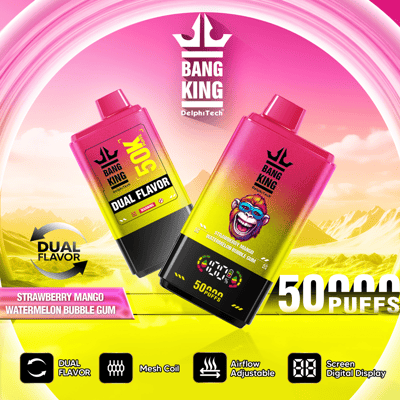 Image promotionnelle présentant deux appareils de vapotage colorés étiquetés « Bang King Dual Flavor », avec des fonctionnalités telles qu'une double saveur, une bobine en maille, un flux d'air réglable et un affichage numérique ; les saveurs mises en valeur sont la fraise mangue et le chewing-gum à la pastèque, soulignant une capacité de 50 000 bouffées ; sur un fond dégradé vibrant avec un paysage pittoresque.