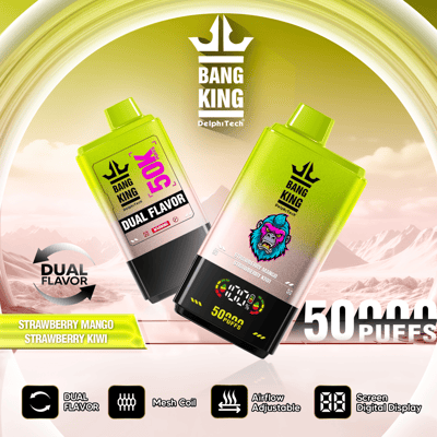 Image promotionnelle pour les appareils de vapotage Bang King proposant deux saveurs de fraise-mangue et de fraise-kiwi, offrant 50 000 bouffées et affichant des fonctionnalités telles qu'une bobine en maille, un flux d'air réglable et un écran d'affichage numérique.