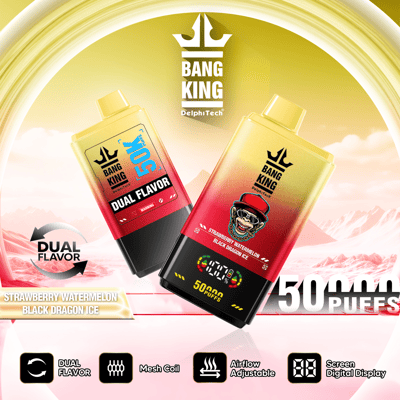 Image promotionnelle présentant l'appareil de vapotage jetable à double saveur de Bang King, doté d'une technologie de bobine en maille, d'un flux d'air réglable, d'un affichage numérique sur écran et d'une capacité de 50 000 bouffées avec des saveurs de fraise, de pastèque et de glace au dragon noir.