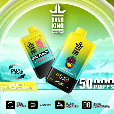 Image promotionnelle pour les appareils de vapotage à double saveur Bang King DelphiTech, comprenant des modèles d'une capacité de 50 000 bouffées aux saveurs Blueberry Ice et Peach Mango Watermelon, sur un fond glacé stylisé.