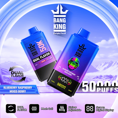 Une conception promotionnelle présentant deux appareils de vapotage Bang King dans des dégradés bleus et roses vibrants, mettant en valeur leur double saveur et leurs fonctionnalités telles que 50 000 bouffées et la technologie de bobine en maille.
