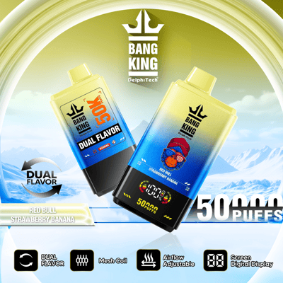 Image publicitaire pour l'appareil de vapotage à double saveur Bang King présentant la saveur Red Bull Fraise Banane, une capacité de 50 000 bouffées, avec des fonctionnalités telles qu'une bobine en maille, un flux d'air réglable et un écran d'affichage numérique.