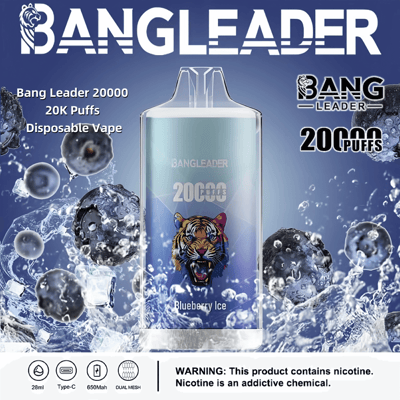 Immagine promozionale del Bang Leader 20.000 Puffs Disposable Vape al gusto Blueberry Ice, con una grafica di una tigre sul prodotto e un design con immagini di mirtilli e ghiaccio. Sono inclusi i dettagli del prodotto e un avviso sulla nicotina.