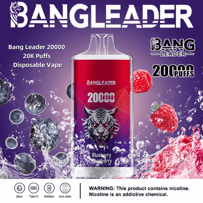 Immagine promozionale per la sigaretta elettronica usa e getta "Bang Leader", che offre 20.000 boccate al gusto di mirtillo e lampone, con un design grafico di una tigre e motivi di frutta su uno sfondo viola.