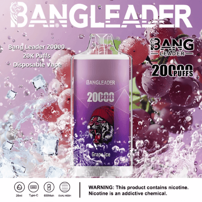 Immagine promozionale per la sigaretta elettronica usa e getta Bang Leader 20.000 al gusto Grape Ice, con immagini colorate di uva viola, cubetti di ghiaccio e specifiche del prodotto.