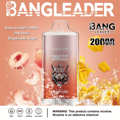 Immagine promozionale che mostra la sigaretta elettronica usa e getta Bang Leader 20000 aromatizzata al mango e alla pesca, raffigurante un'icona di tigre e dettagli sulla capacità di circa 20.000 boccate.