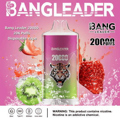 Immagine promozionale per la sigaretta elettronica usa e getta Bang Leader 20000 al gusto di fragola e kiwi, raffigurante una tigre su uno sfondo rosa con schizzi di frutta e liquido, accompagnata da informazioni sul prodotto e da un'avvertenza sulla nicotina.