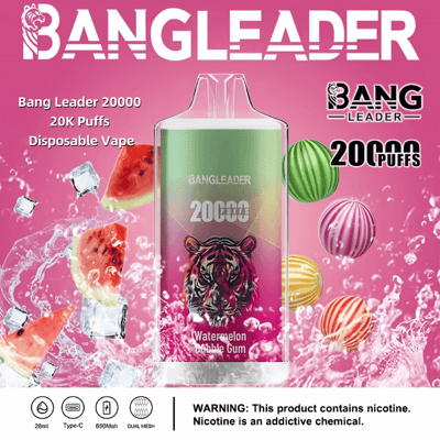 Immagine promozionale per la sigaretta elettronica usa e getta Bang Leader 20000 con 20.000 boccate, aroma di chewing gum all'anguria e testo di avvertenza sulla nicotina.