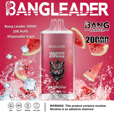 Immagine promozionale del vaporizzatore monouso Bang Leader con 20.000 tiri, aroma ghiaccio all'anguria, con caratteristiche evidenziate come capacità di 28 ml, ricarica Type-C, batteria da 650 mAh e tecnologia dual mesh. Include un avviso sul contenuto di nicotina.