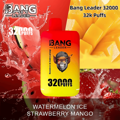 Pubblicità dal design vivace per il dispositivo Bang Leader 32.000 Puff, caratterizzata da gusti come ghiaccio all'anguria e mango alla fragola, con immagini di frutta come sfondo.