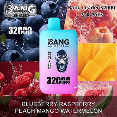 Immagine promozionale che mostra un dispositivo per svapare Bang Leader con una capacità di 32.000 boccate, circondato da immagini di mirtilli, lamponi, pesche, mango e anguria che rappresentano i gusti disponibili.