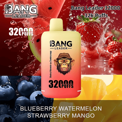Manifesto pubblicitario che mostra un dispositivo per svapare con il marchio "Bang Leader", con descrizioni dei gusti mirtillo, anguria, fragola e mango, e mostra i frutti associati in immagini vivide.