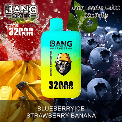 Immagine promozionale per il dispositivo Bang Leader da 32.000 boccate nei gusti Blueberry Ice e Strawberry Banana, con immagini vivaci di fragole, mirtilli e banane sullo sfondo.