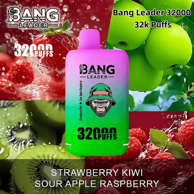 Un'immagine promozionale per il vaporizzatore Bang Leader 32000 con aromi di fragola, kiwi, mela acida e lampone, con un dispositivo vivace e immagini di frutta.