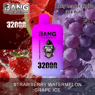 Immagine del prodotto per le boccate di Bang Leader 32000 che presenta un dispositivo per svapare con un design sfumato viola e rosa, una grafica di un gorilla e un testo che indica "Strawberry Watermelon Grape Ice" tra fragole, anguria e uva sullo sfondo.