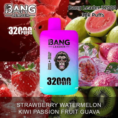 Immagine promozionale del dispositivo per svapare Bang Leader 32000 Puff in una sfumatura di colore dal rosa al blu, esposto accanto a fragole, anguria, kiwi, frutto della passione e guava spruzzati d'acqua, evidenziandone le opzioni di sapore.
