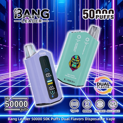 Advertisement showcasing the Bang Leader 50000 Puff Disposable Vape with dual flavors, a digital display, and Type-C charging, set against a vibrant neon background.