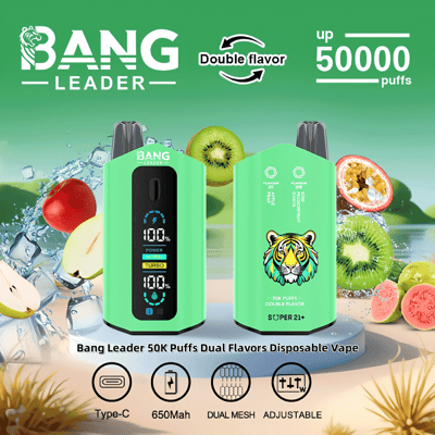 Promotional image for the Bang Leader disposable vape showcasing its features such as dual flavors, 50,000 puffs capacity, Type-C charging, and adjustable power, with a design featuring vibrant fruit and a tiger emblem.
