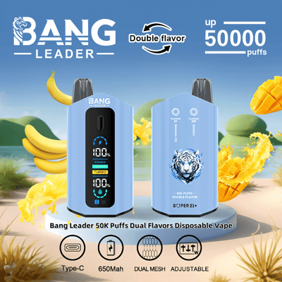 Promotional image for the Bang Leader 50K Puffs Dual Flavors Disposable Vape featuring a sleek blue design, digital display, banana and mango flavor options, and specifications like Type-C charging, 650mAh battery, dual mesh, and adjustable settings.