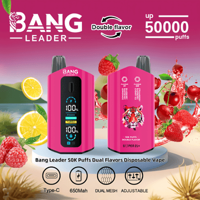 A promotional display of the Bang Leader dual-flavor vaping device, featuring a pink case design, an LED screen showing power levels, and imagery of fruits like raspberries and lemons in the background alongside text highlighting features such as 50,000 puffs capacity, 650mAh battery, and USB Type-C charging.