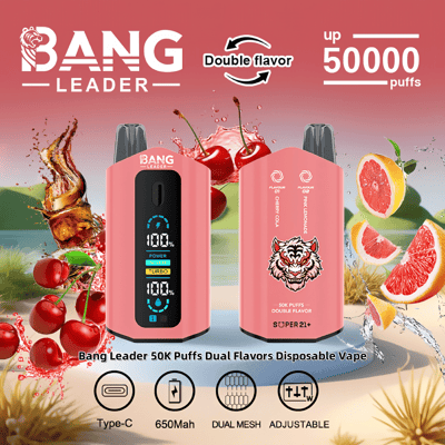 Bright promotional image showcasing the Bang Leader 50K Puffs Dual Flavors Disposable Vape with an illustrated tiger logo and displayed in pink. The image highlights features like Type-C charging, 650mAh battery, dual mesh coil, and adjustable settings, accompanied by fruity visuals including cherries and grapefruit slices in a splash design.