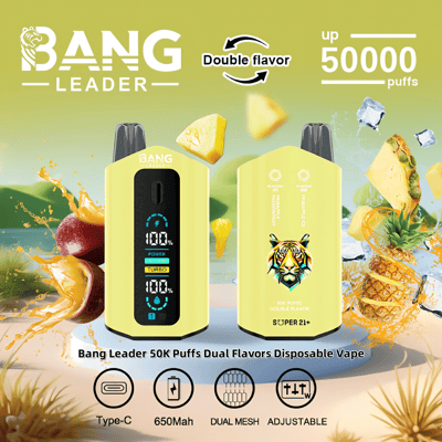 Promotional image for the Bang Leader 50K Puffs Dual Flavors Disposable Vape featuring two bright yellow vape devices, dual digital displays, flavor options of pineapple and passionfruit, and highlights of its features including a 650mAh battery, Type-C charging, and adjustable settings.