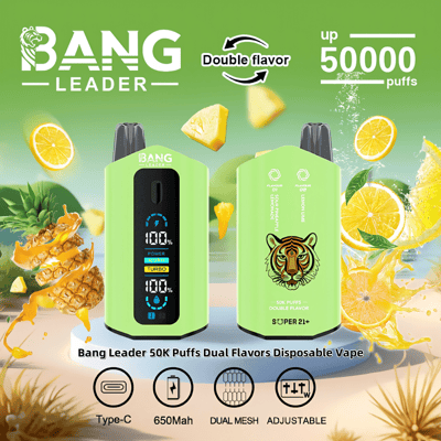 An advertisement showcasing the 'Bang Leader 50K Puffs Dual Flavors Disposable Vape' featuring a green casing, a tiger logo, and specifications including 50,000 puffs, dual mesh coils, Type-C charging, and a 650mAh battery, placed alongside images of pineapples and lemons to highlight fruit flavors.