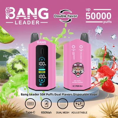 Advertisement featuring the pink-colored Bang Leader 50K Puffs Dual Flavors Disposable Vape with dual mesh technology, type-C charging, and adjustable settings. Surrounding the vape device are images of kiwi slices and strawberries, emphasizing the double flavor options.