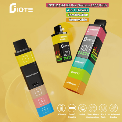 Promotional image showcasing the IQTE MAHA Kit Pod System, a vape device with a 2400 puff capacity, featuring a colorful, stackable design offering four interchangeable flavors and attributes such as a 600mAh battery, Type-C charging, and an animated display.