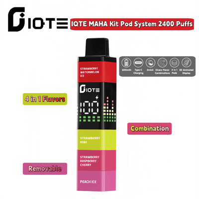 An illustration of the IOTE IQTE MAHA Kit Pod System, showing its features like 2400 puffs, a 600mAh battery, Type-C charging, a 4-in-1 flavor design, and an animated display screen. The pod is labeled with four flavors: Strawberry Watermelon Ice, Strawberry Kiwi, Strawberry Raspberry Cherry, and Peach Ice, and is highlighted as removable.