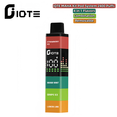 Product image of the IQTE MAHA Kit Pod System featuring 2400 puffs and removable modules with four flavors: Strawberry Ice, Miami Mint, Grape Ice, and Lemon Lime.