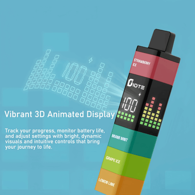 A colorful electronic device with a 3D animated display, showcasing battery life and flavor information including Strawberry Ice, Miami Mint, Grape Ice, and Lemon Lime, set against a light blue background.