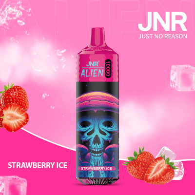 Appareil à vapotage au design rose et noir représentant un visage extraterrestre et étiqueté « Strawberry Ice », entouré d'images de fraises et de glaçons, sur un fond rose avec le texte « JNR Just No Reason ».