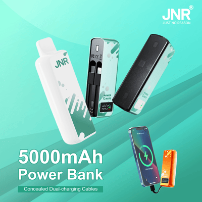 Promotional image of JNR 5000mAh power banks featuring a sleek design with concealed dual-charging cables, shown in multiple color variations and alongside a smartphone being charged.