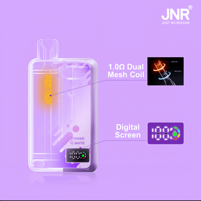A promotional image showcasing a transparent electronic device with a visible 1.0Ω Dual Mesh Coil heating element and a digital screen displaying operational data. Caption text highlights these features with a purple background.