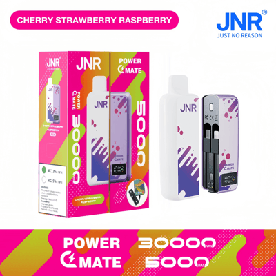 A product image featuring a JNR-brand electronic vaping device with a cherry strawberry raspberry flavor, depicting its packaging and device design with bright, colorful graphics, and highlighting its specifications such as 30,000 puffs and a 5000 mAh capacity.