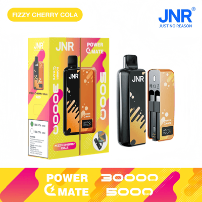 Packaging and device display for the JNR Power Mate electronic product in Fizzy Cherry Cola flavor, showcasing the device with gradient orange and black design alongside its functional features and vibrant branding.