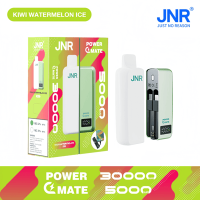 Packaging and product image of the JNR Power Mate, a Kiwi Watermelon Ice-flavored electronic device with a green and white design, 5000mAh battery, and 30000 puff capacity, displayed with its opened compartments and branded features.