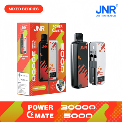 Image showing a JNR brand vaping device with packaging labeled 'Mixed Berries' flavor, featuring a sleek design and specifications of 30,000 puffs and a 5000mAh battery.