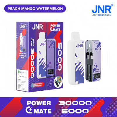 Packaging and device for the JNR Power Mate in Peach Mango Watermelon flavor, featuring a compact purple and white design and labeled specs of 30000 puffs and 5000 mAh battery.