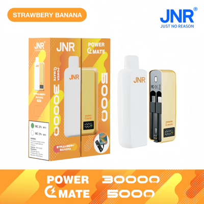 Product packaging and depiction of the JNR Power Mate device in Strawberry Banana flavor, showcasing a yellow-white color scheme, two e-liquid tanks, and a sleek design.