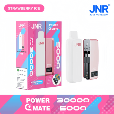 Promotional display of the JNR Power Mate in Strawberry Ice flavor, showcasing its packaging and device design with specifications emphasizing 5000mAh battery and 30000 puffs.