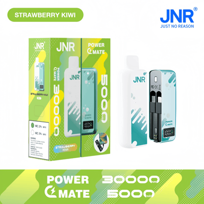 Packaging and product image of JNR Power Mate flavored ‘Strawberry Kiwi’ electronic vaping device, displaying features such as 30,000 puffs and 5,000mAh capacity, with vibrant green and yellow designs.