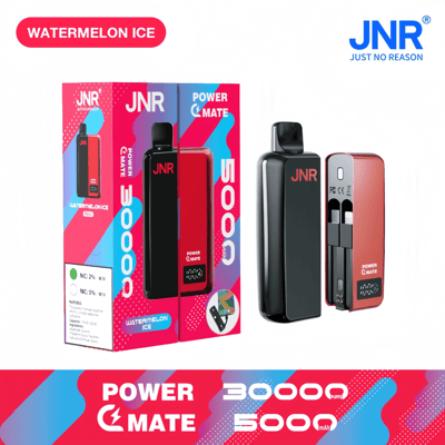 Packaging and product image for the JNR Power Mate vape device in Watermelon Ice flavor, featuring details like 30000 puffs and 5000mAh capacity.