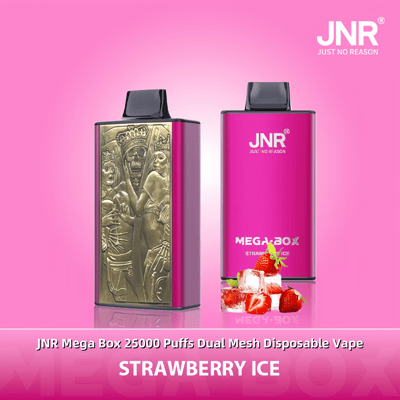 Deux appareils de vapotage jetables JNR Mega Box au goût de glace à la fraise, l'un avec une gravure dorée ornée et l'autre dans un boîtier rose vif, entouré de glaçons et de fraises.