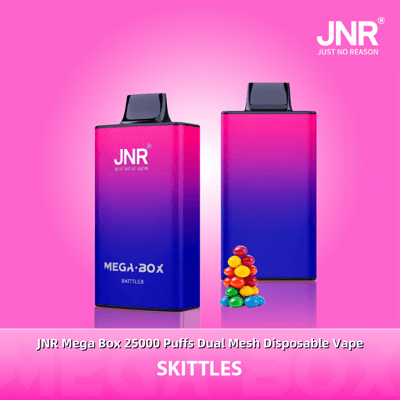 Appareils de vapotage jetables JNR Mega Box présentés dans un design dégradé rose et violet sur un fond rose, avec une pile de bonbons Skittles colorés et une marque de produit mettant l'accent sur « 25000 Puffs Dual Mesh », mettant en valeur la saveur « Skittles ».